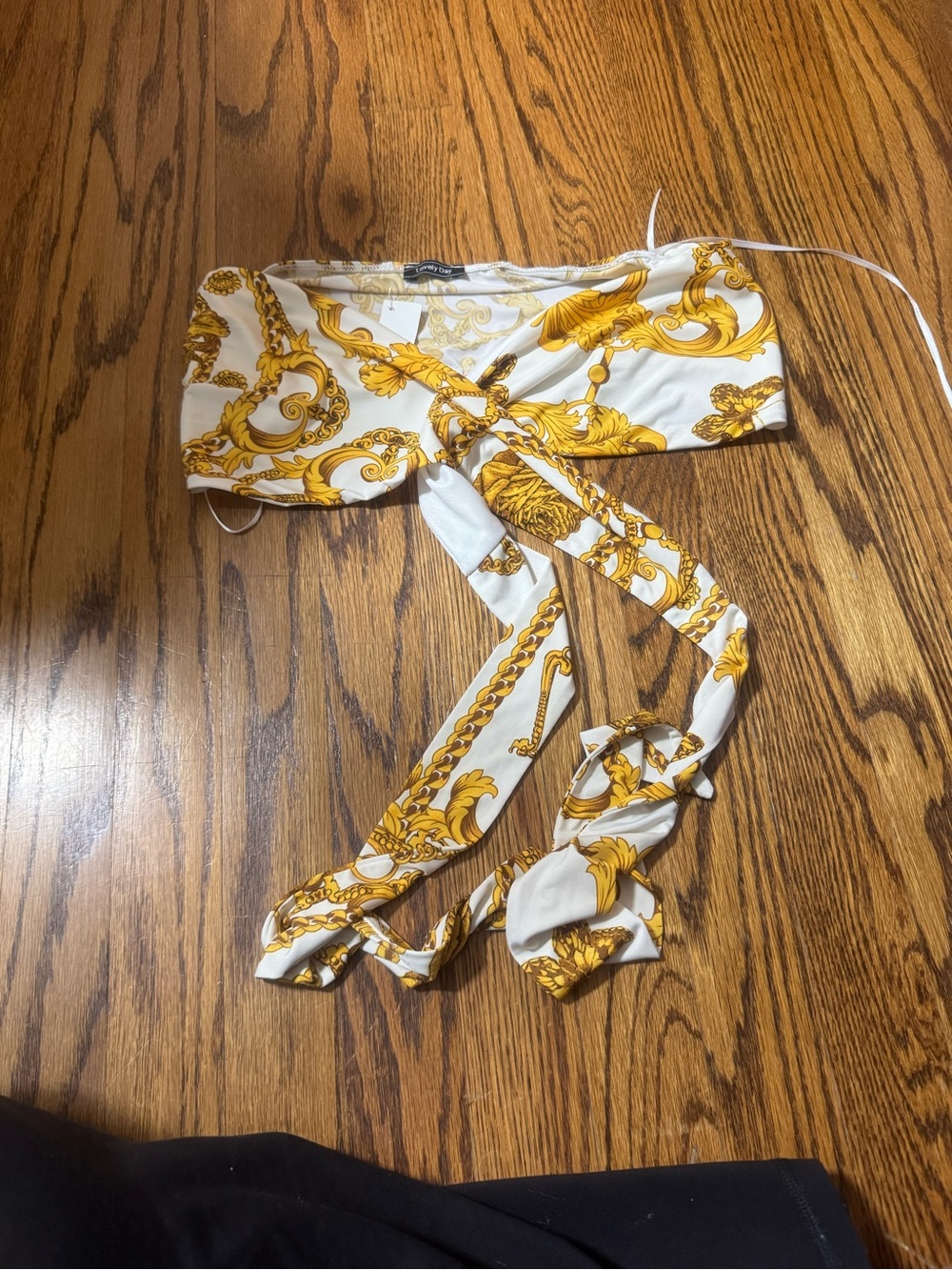 WHIT White and Gold Baroque Print Tie-Front Crop Top